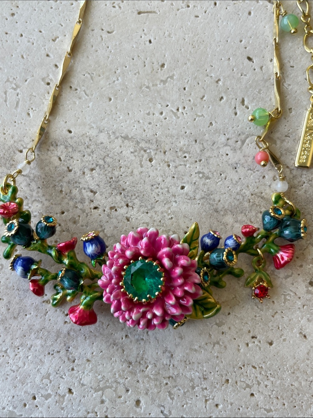 Floral Enamel Statement Necklace in Pink and Green